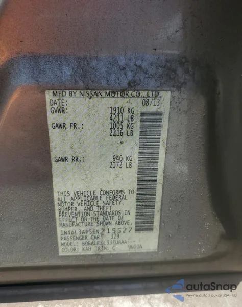 2014 Nissan Altima 2.5 from USA, damaged, VIN 1N4AL3AP5EN215527